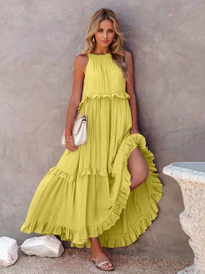 Ruffled Sleeveless Tiered Maxi Dress with Pockets - MARIGOLD