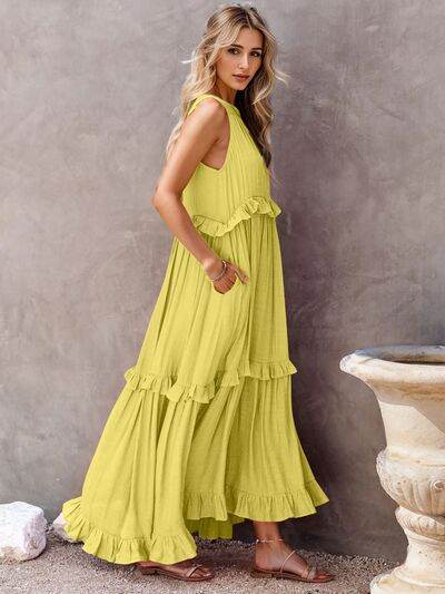 Ruffled Sleeveless Tiered Maxi Dress with Pockets - MARIGOLD