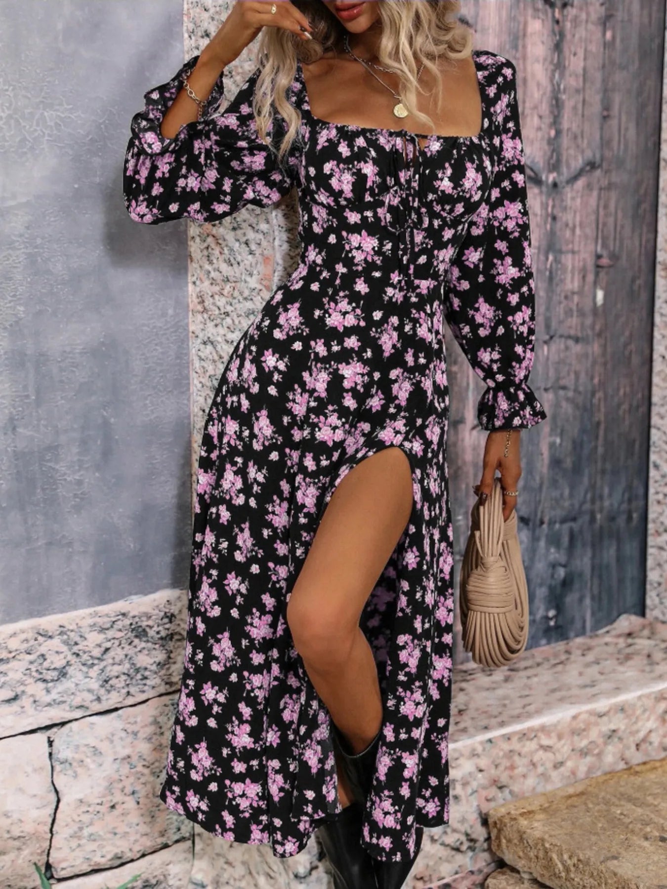 Floral Print Square Neck Flounce Sleeve Dress with Side Slit purple
