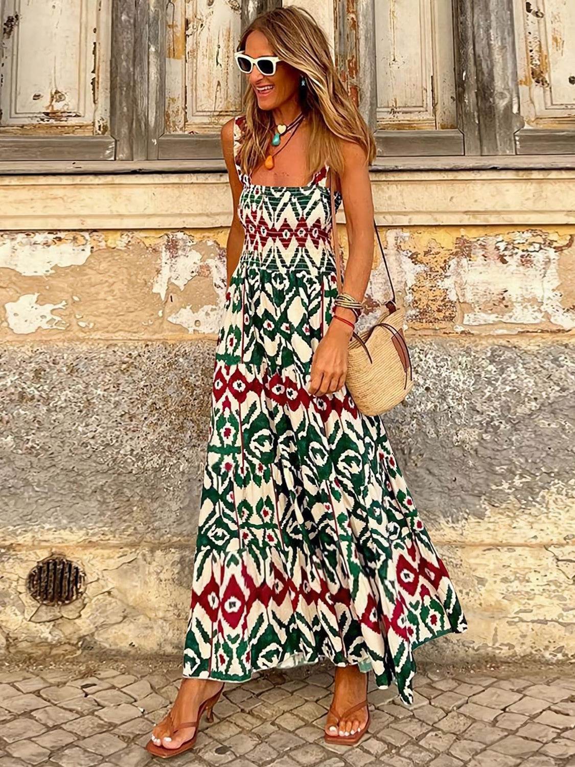 Geometric Print Smocked Square Neck Sleeveless Maxi Dress - MARIGOLD