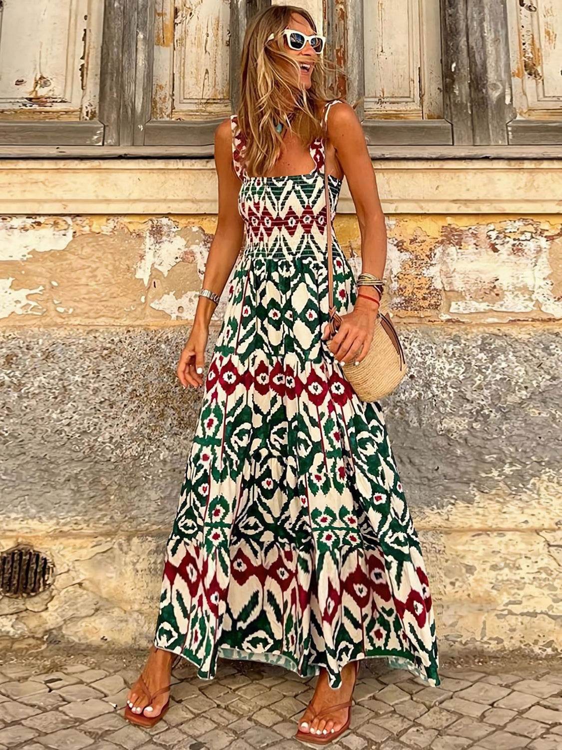Geometric Print Smocked Square Neck Sleeveless Maxi Dress - MARIGOLD
