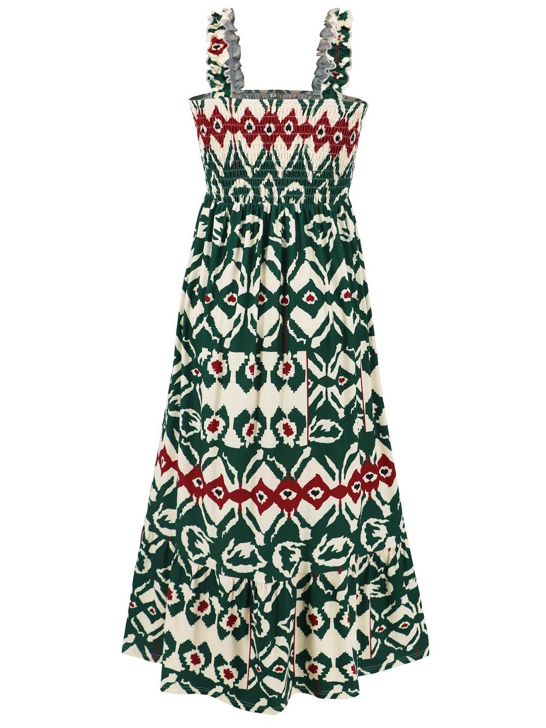 Geometric Print Smocked Square Neck Sleeveless Maxi Dress - MARIGOLD