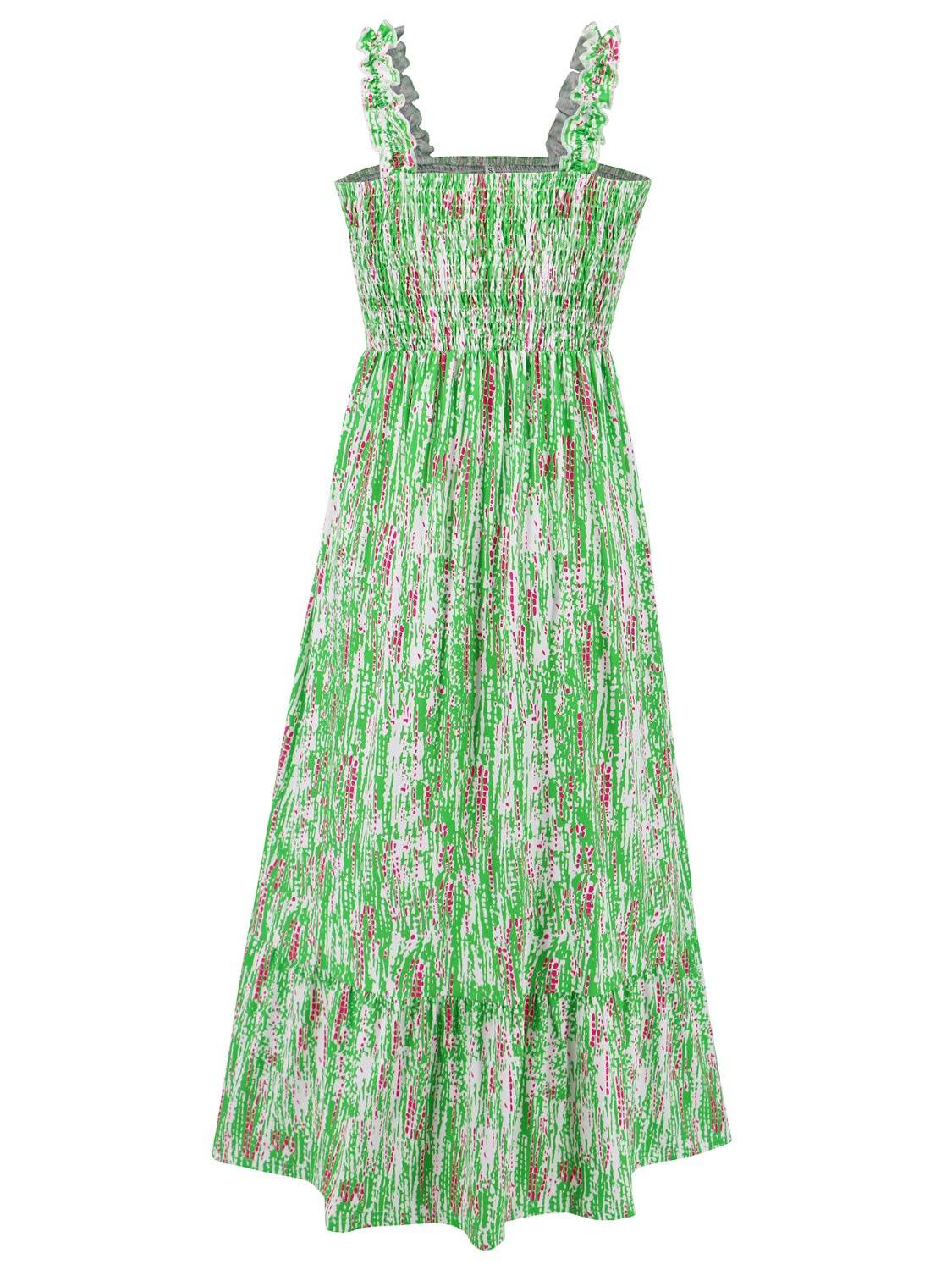 Geometric Print Smocked Square Neck Sleeveless Maxi Dress - MARIGOLD