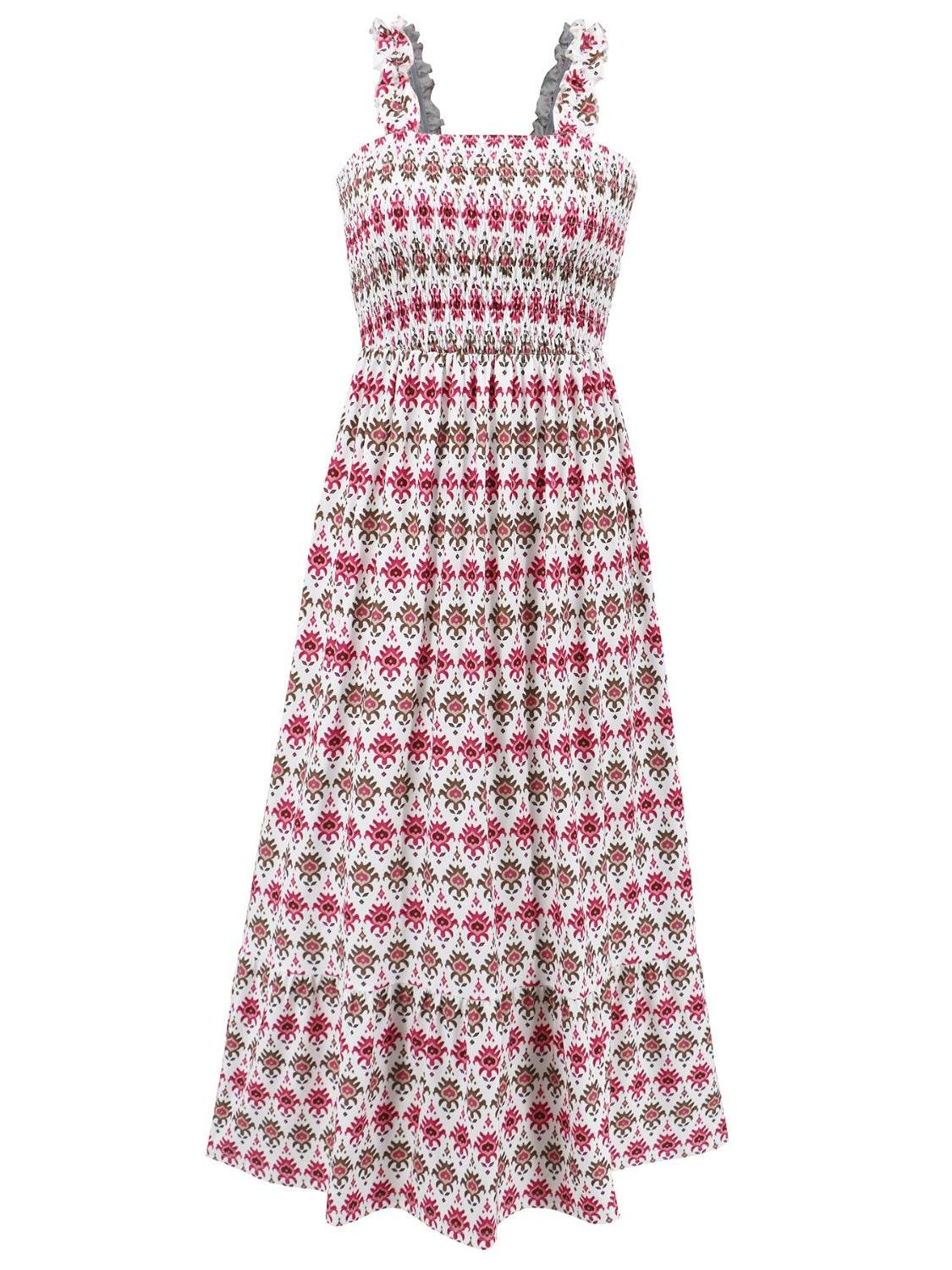 Geometric Print Smocked Square Neck Sleeveless Maxi Dress - MARIGOLD