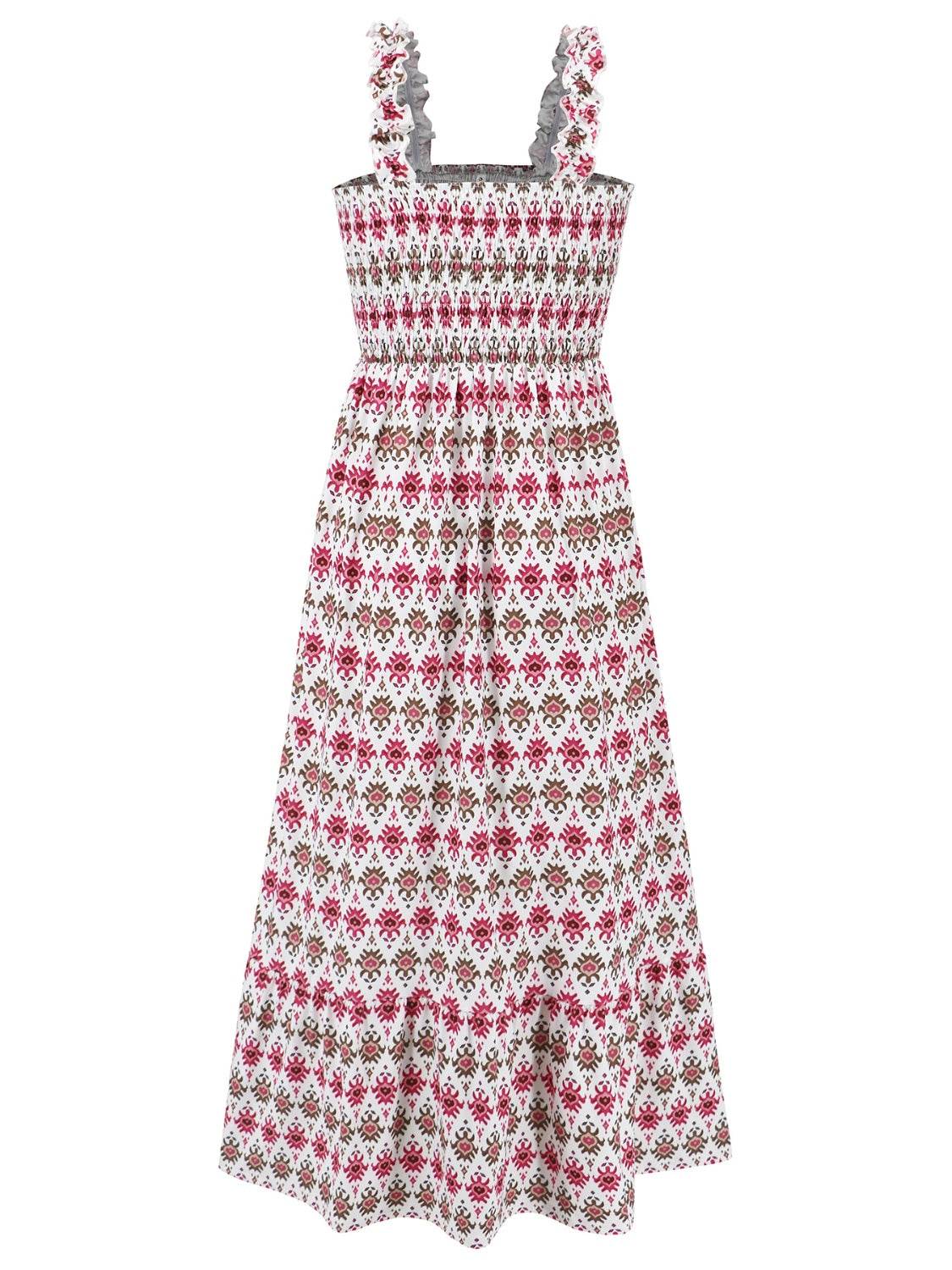 Geometric Print Smocked Square Neck Sleeveless Maxi Dress - MARIGOLD