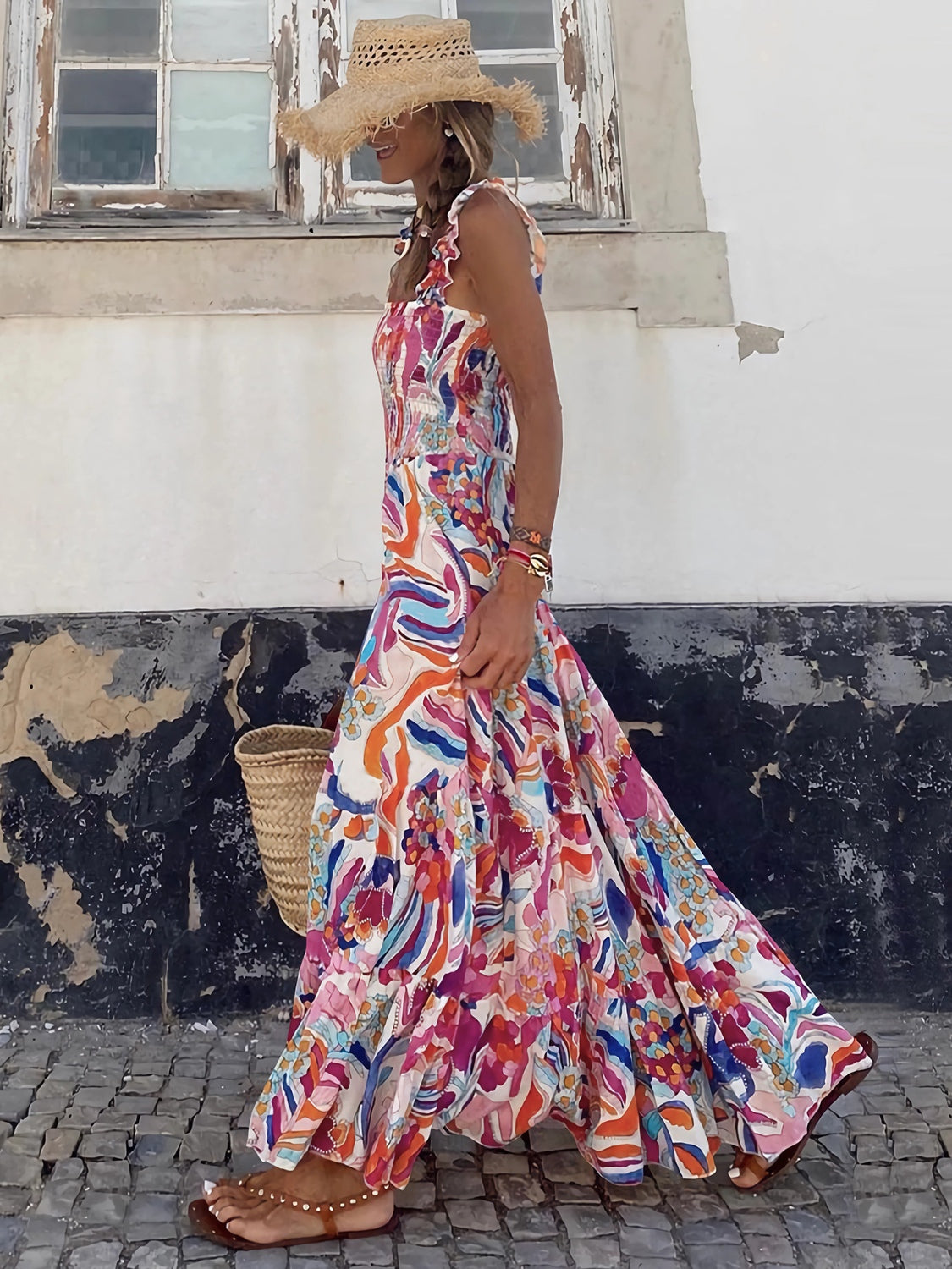 Geometric Print Smocked Square Neck Sleeveless Maxi Dress - MARIGOLD