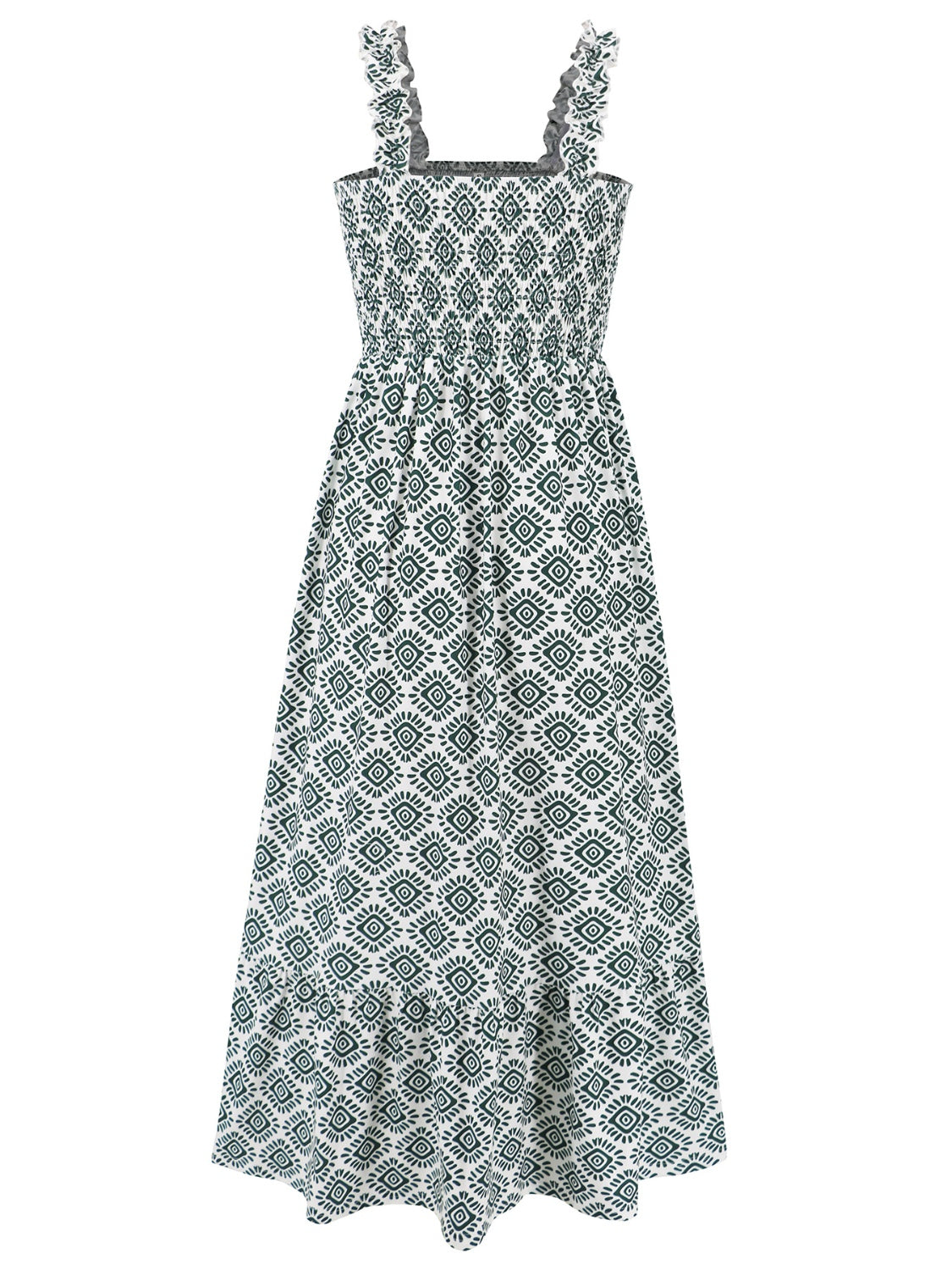 Geometric Print Smocked Square Neck Sleeveless Maxi Dress - MARIGOLD