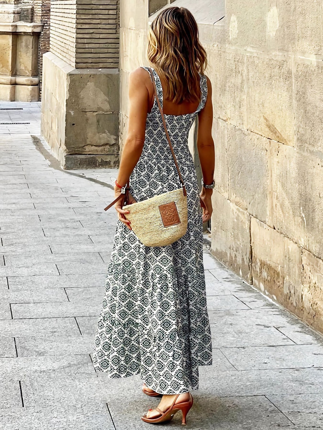 Geometric Print Smocked Square Neck Sleeveless Maxi Dress - MARIGOLD
