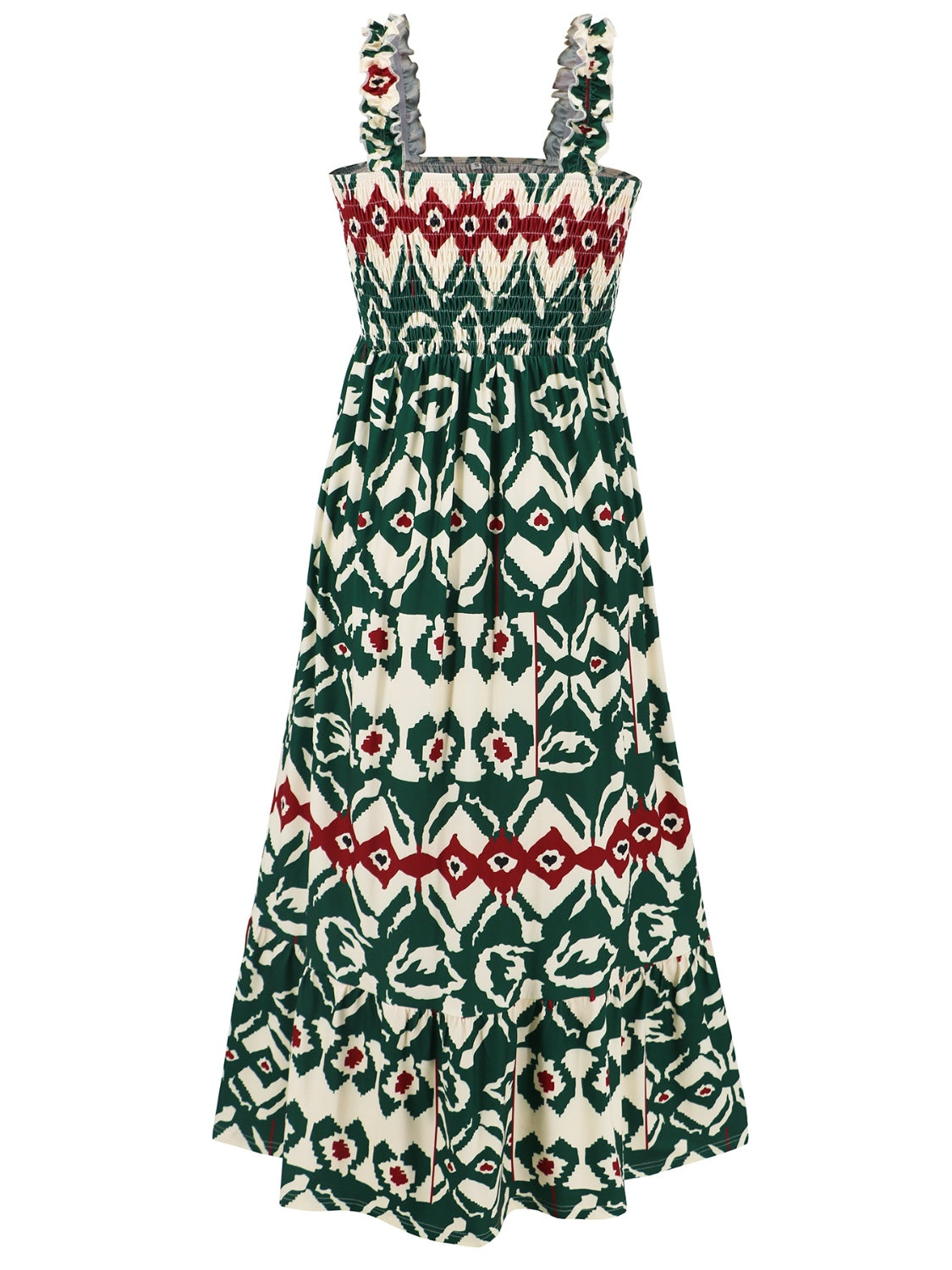 Geometric Print Smocked Square Neck Sleeveless Maxi Dress - MARIGOLD