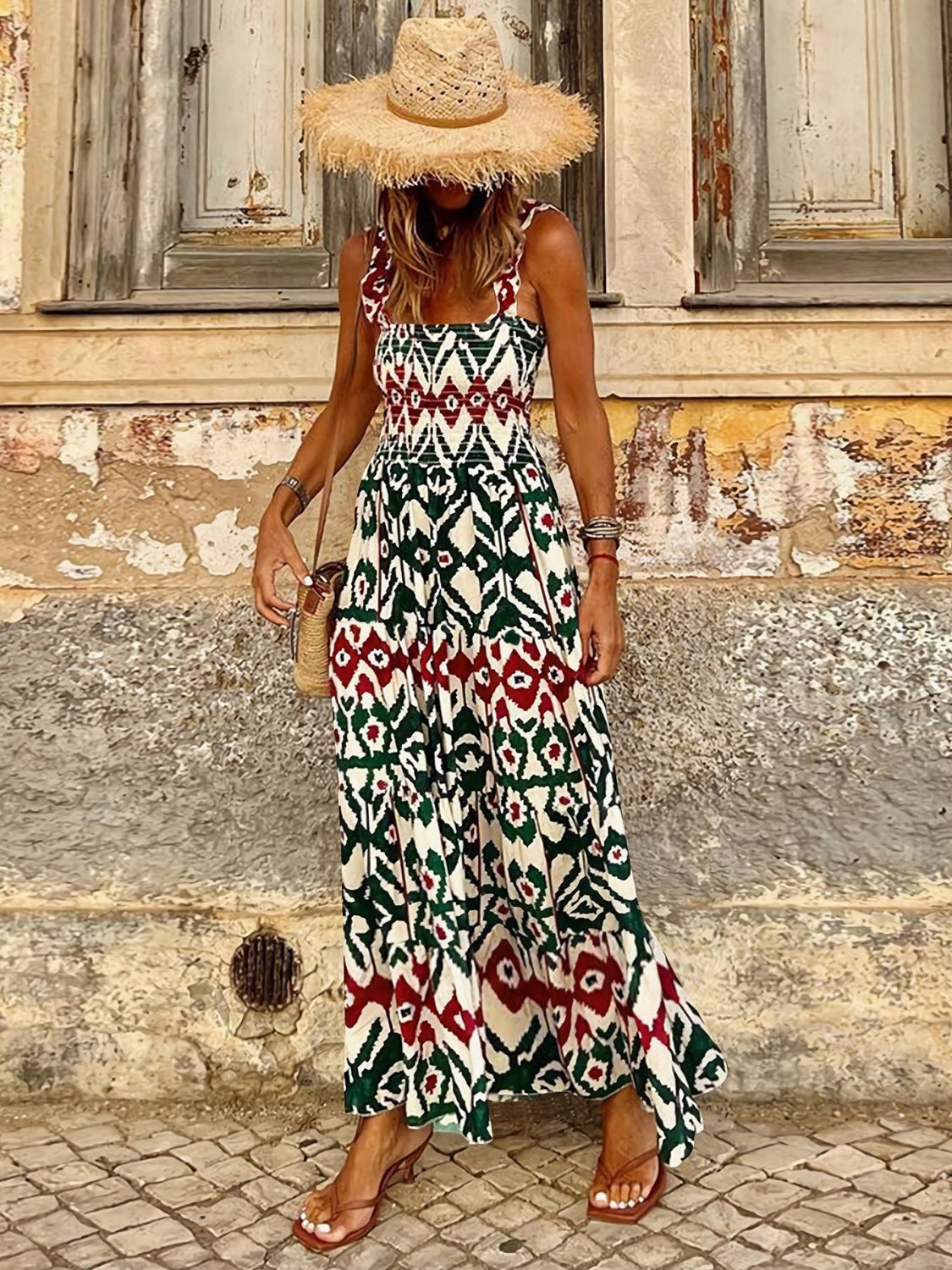 Geometric Print Smocked Square Neck Sleeveless Maxi Dress - MARIGOLD