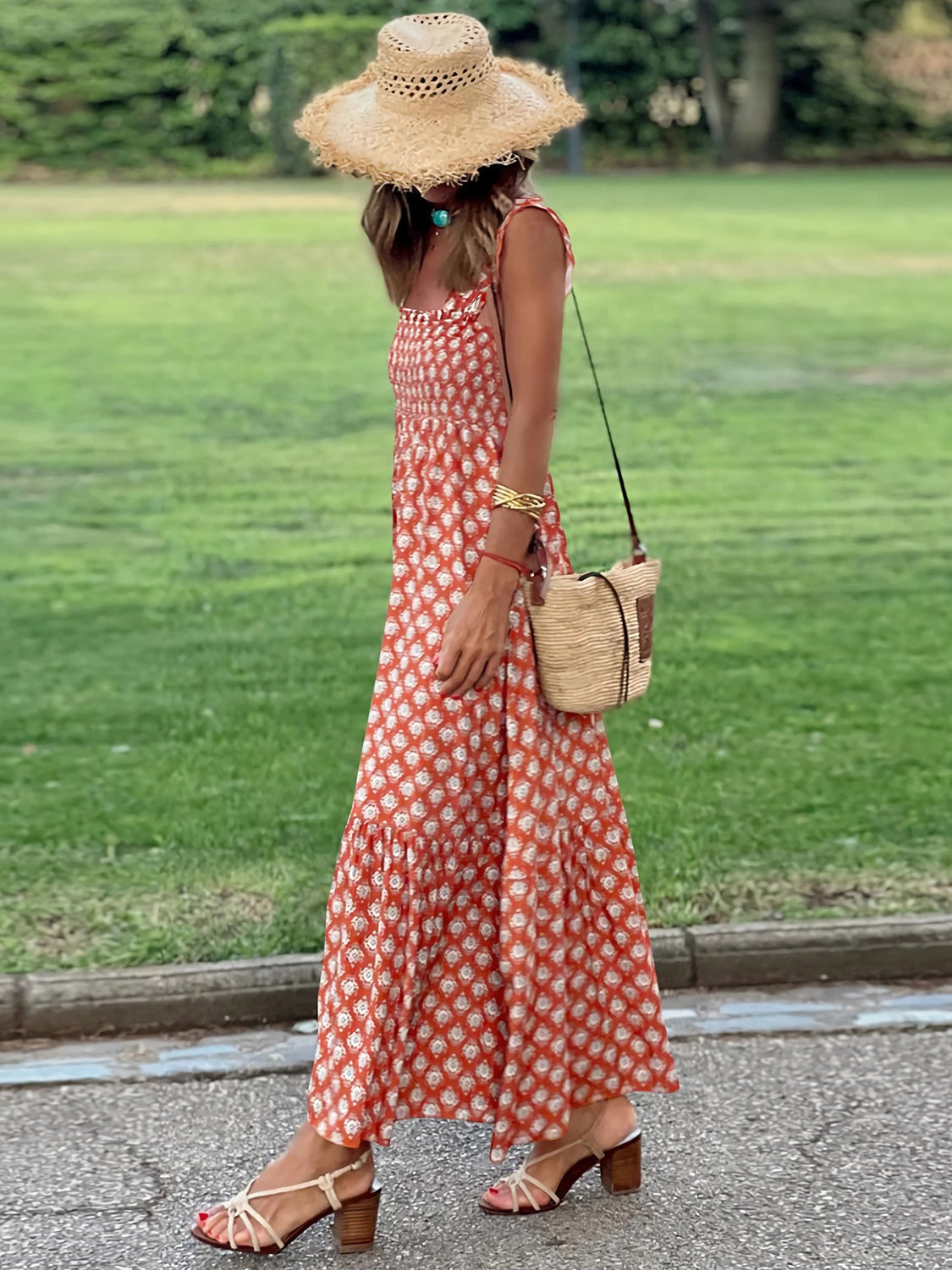 Geometric Print Smocked Square Neck Sleeveless Maxi Dress - MARIGOLD