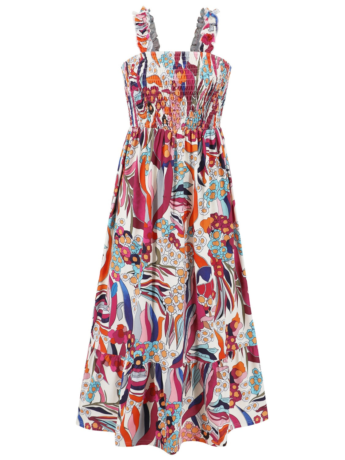 Geometric Print Smocked Square Neck Sleeveless Maxi Dress - MARIGOLD