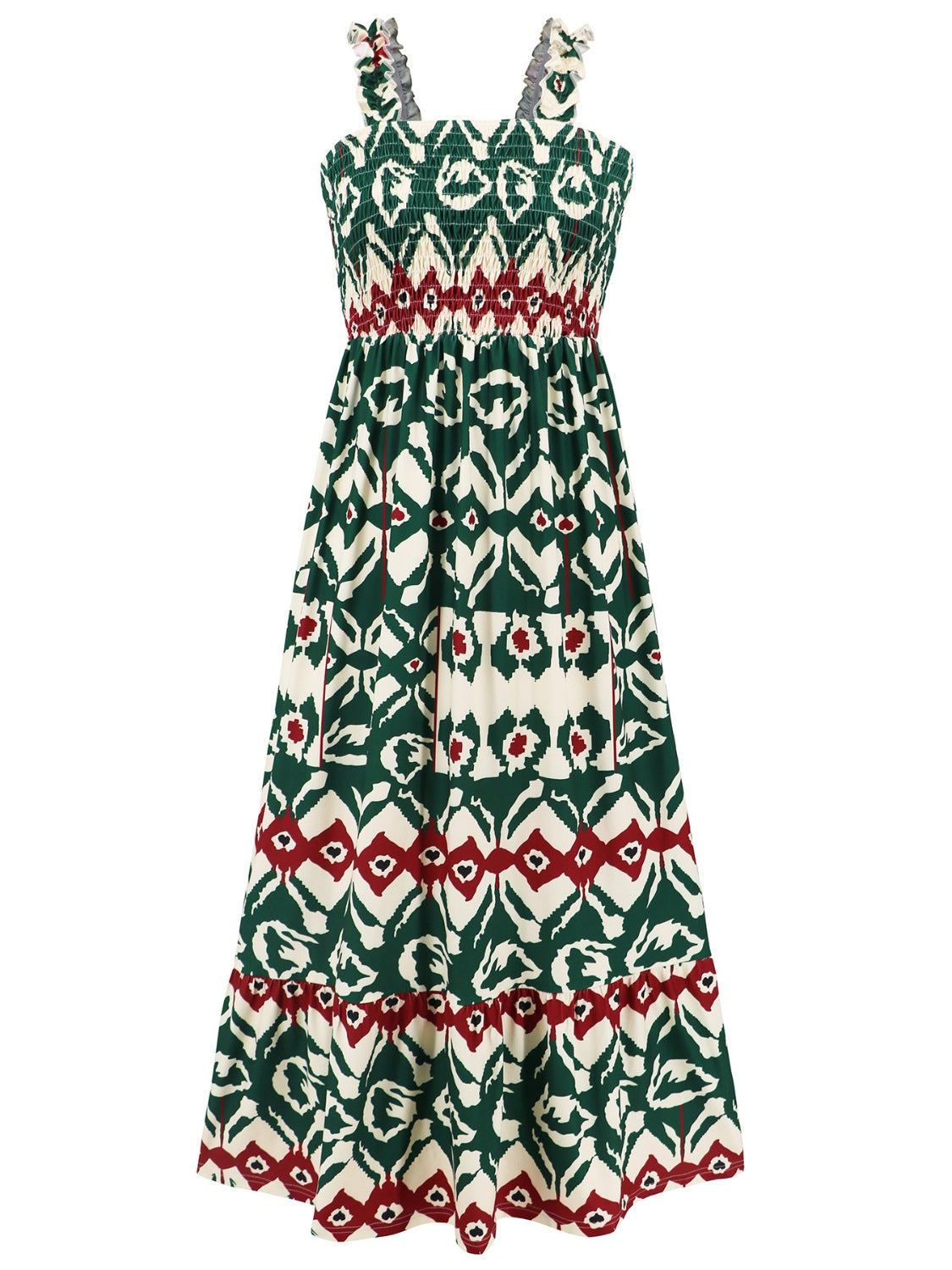 Geometric Print Smocked Square Neck Sleeveless Maxi Dress - MARIGOLD