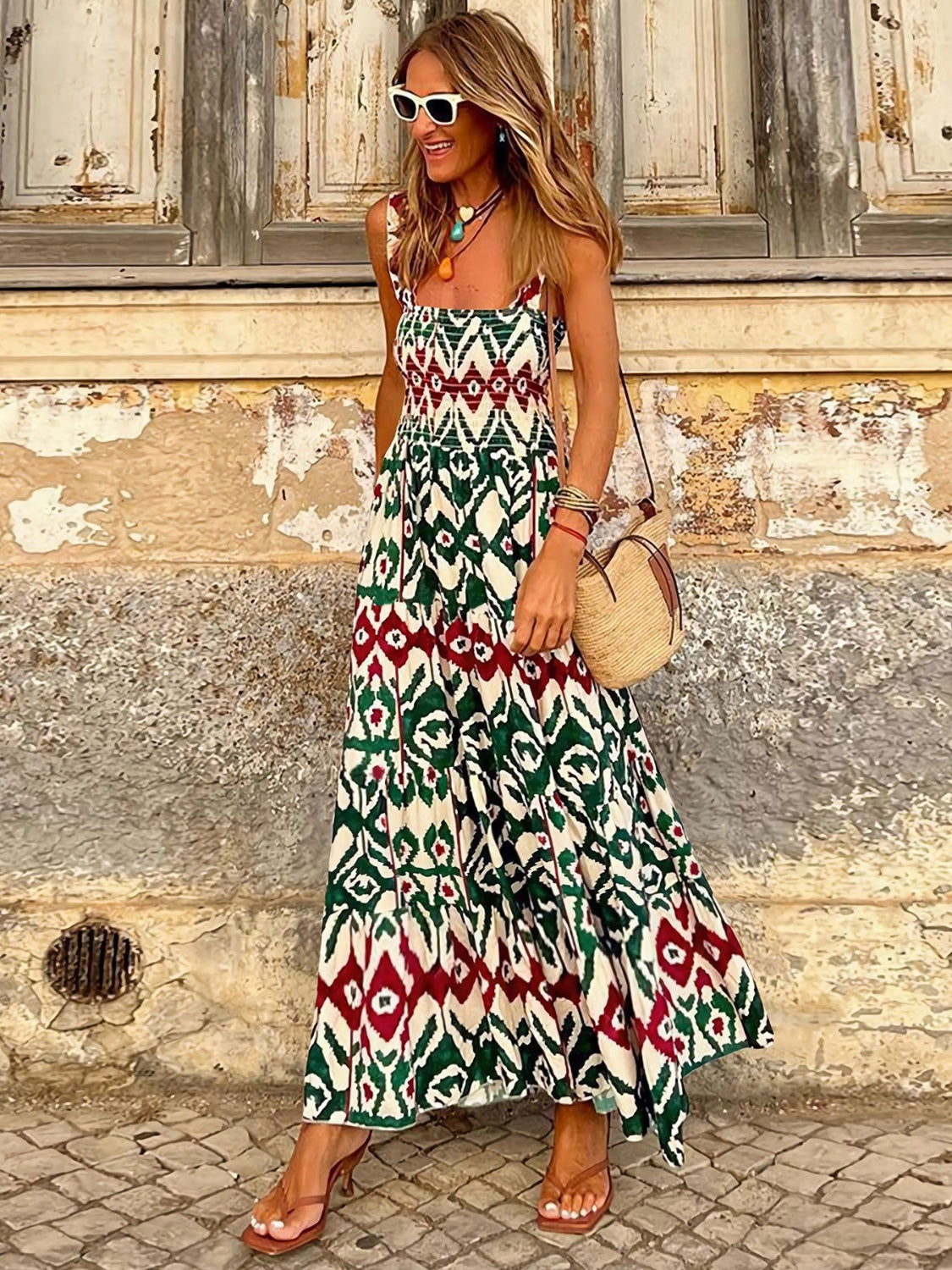 Geometric Print Smocked Square Neck Sleeveless Maxi Dress - MARIGOLD