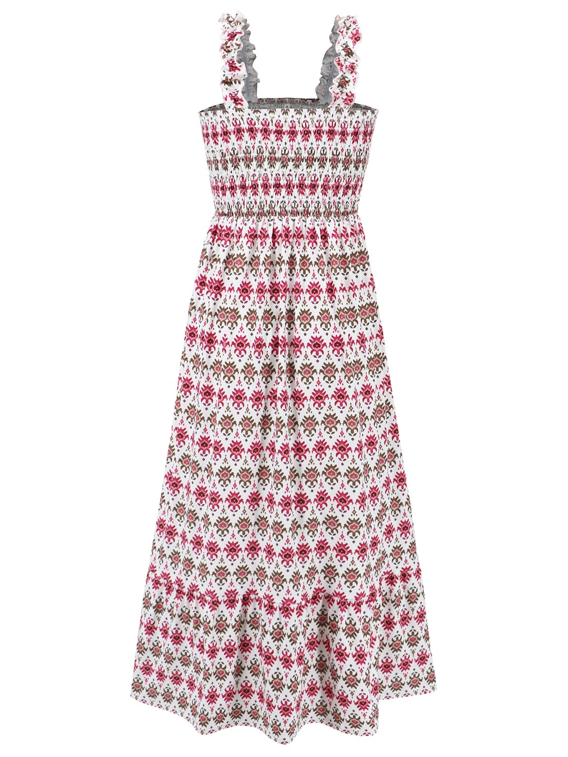 Geometric Print Smocked Square Neck Sleeveless Maxi Dress - MARIGOLD