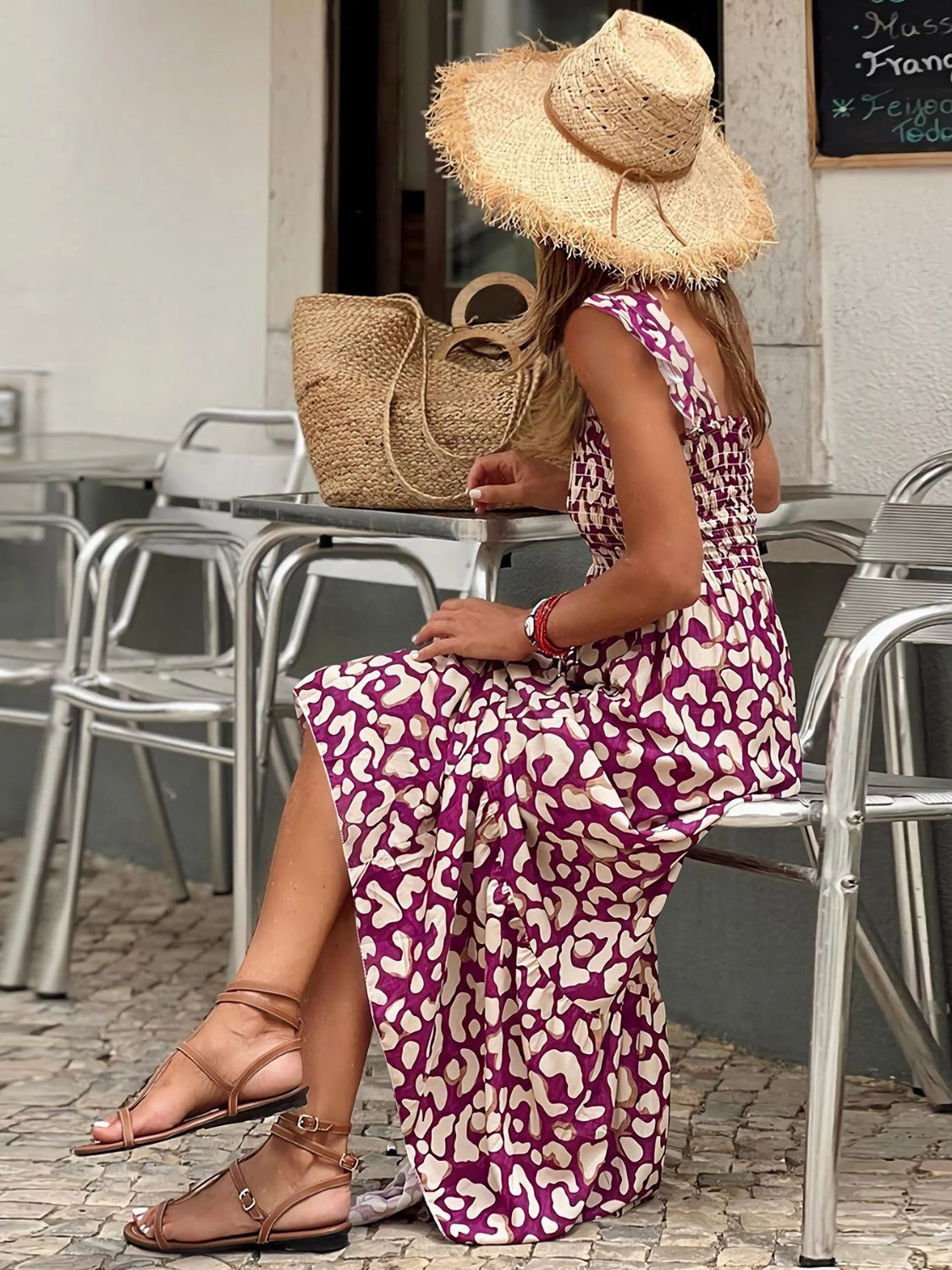 Geometric Print Smocked Square Neck Sleeveless Maxi Dress - MARIGOLD