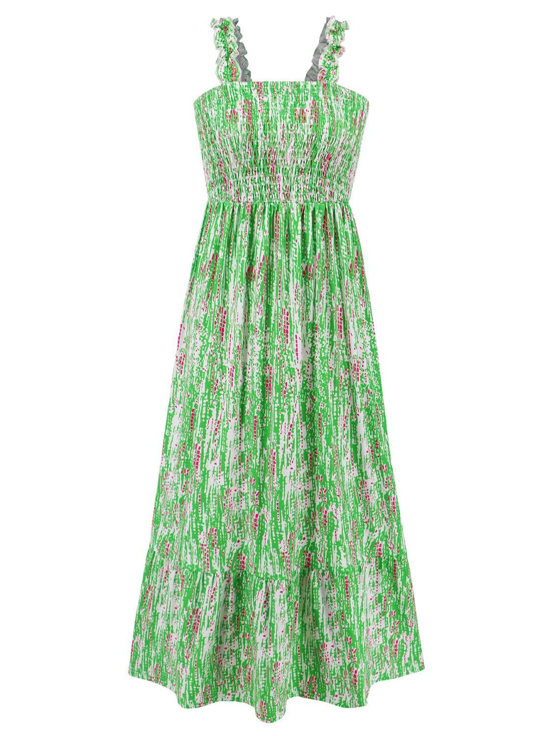 Geometric Print Smocked Square Neck Sleeveless Maxi Dress - MARIGOLD
