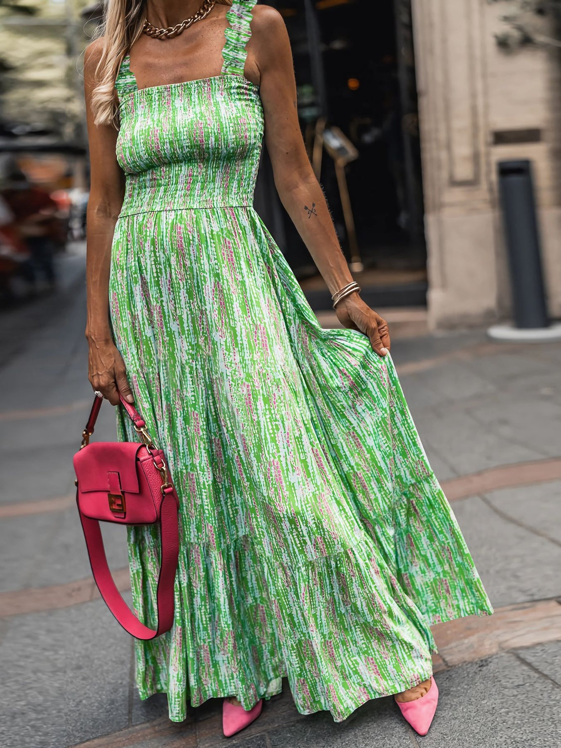 Geometric Print Smocked Square Neck Sleeveless Maxi Dress - MARIGOLD
