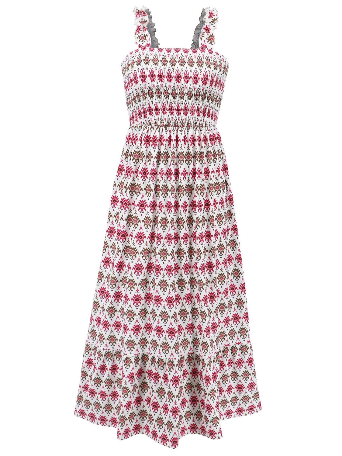 Geometric Print Smocked Square Neck Sleeveless Maxi Dress - MARIGOLD