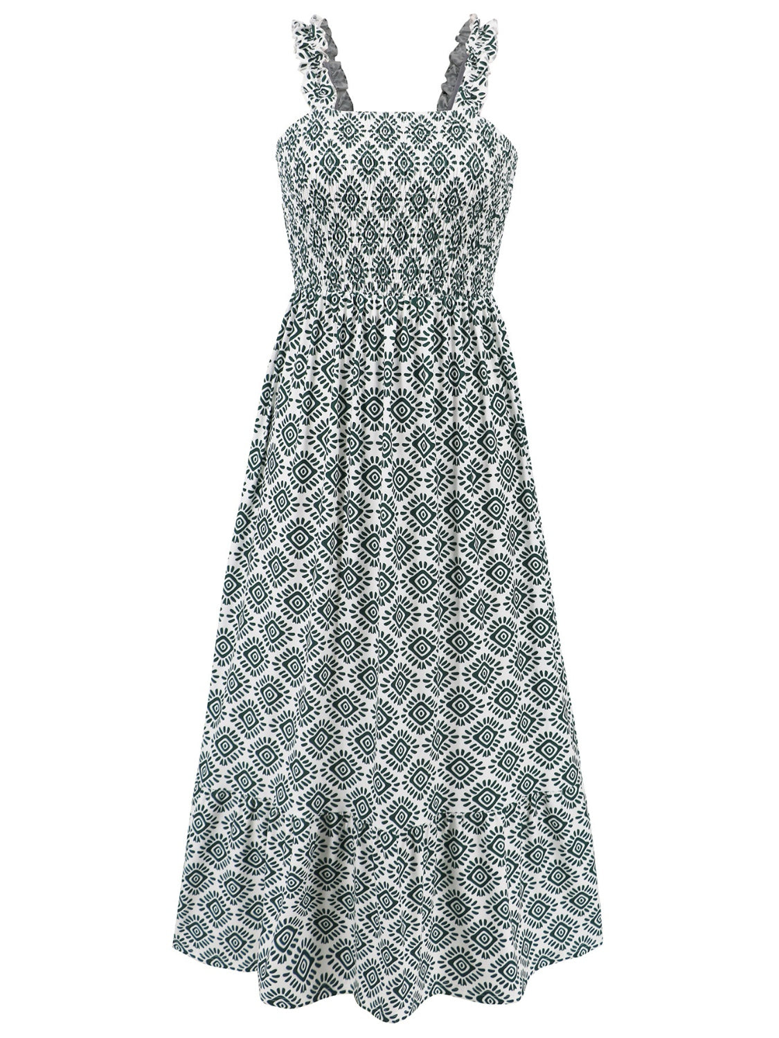 Geometric Print Smocked Square Neck Sleeveless Maxi Dress - MARIGOLD