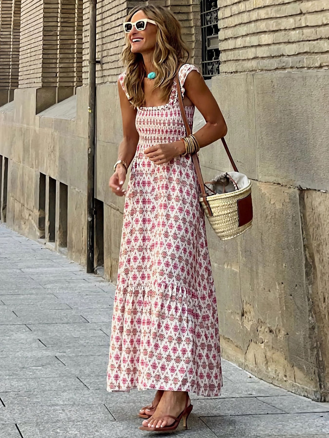 Geometric Print Smocked Square Neck Sleeveless Maxi Dress - MARIGOLD