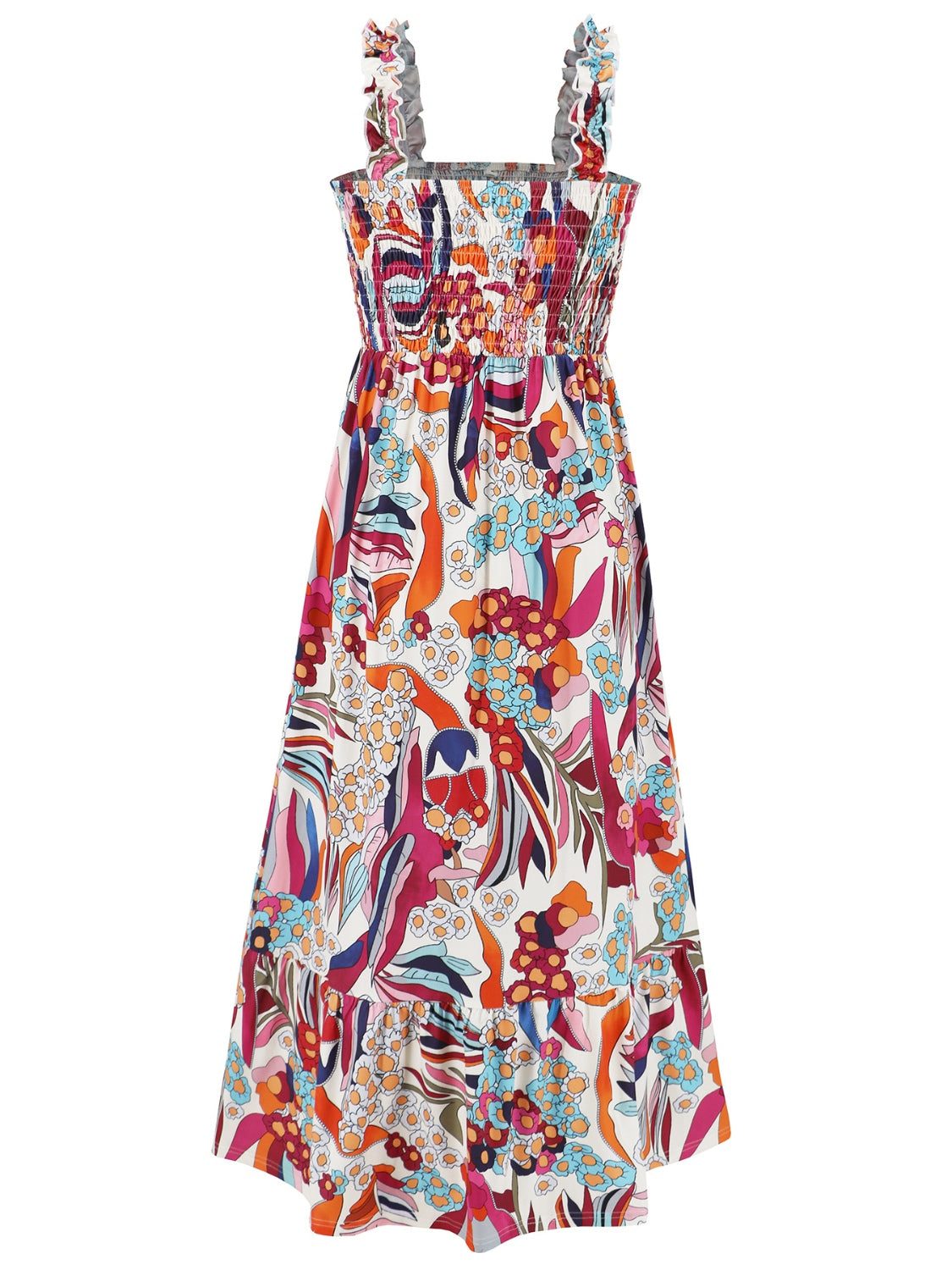Geometric Print Smocked Square Neck Sleeveless Maxi Dress - MARIGOLD