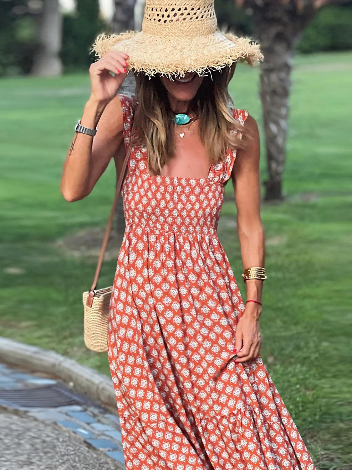 Geometric Print Smocked Square Neck Sleeveless Maxi Dress - MARIGOLD