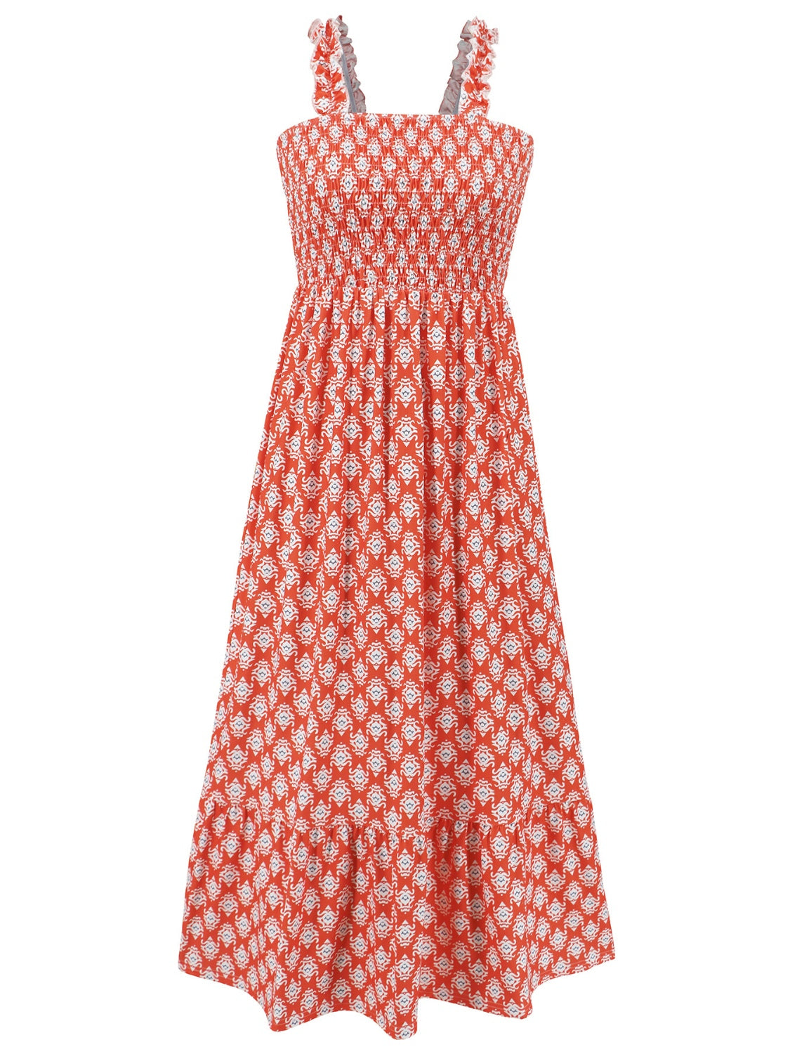 Geometric Print Smocked Square Neck Sleeveless Maxi Dress - MARIGOLD