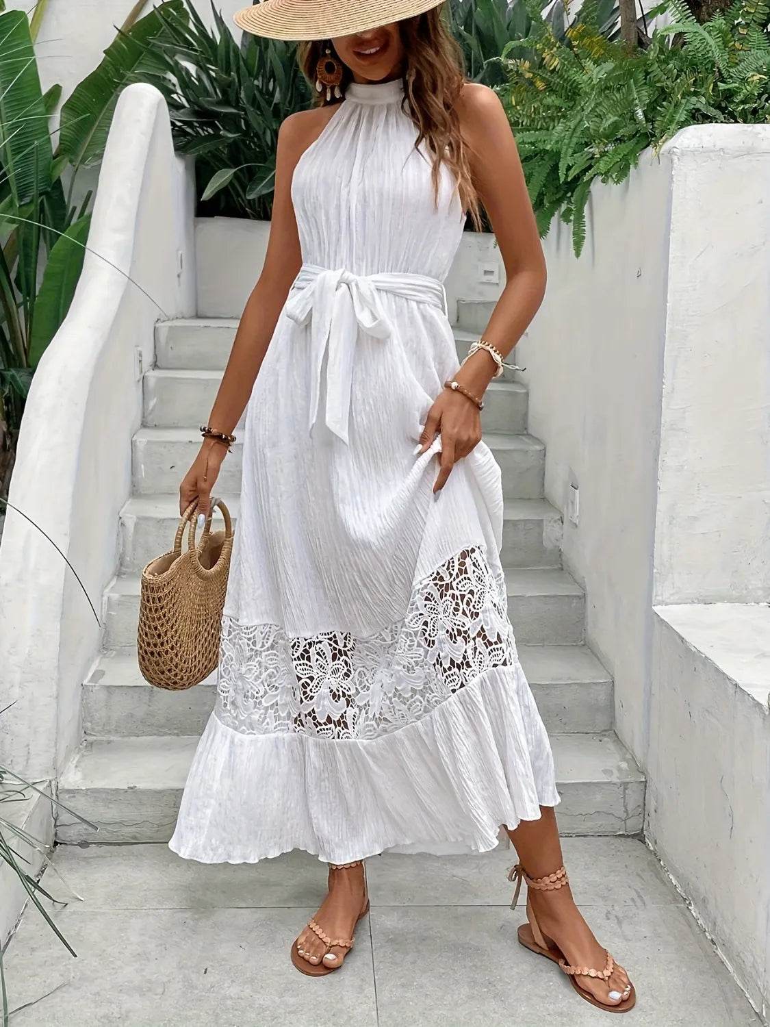 Halter Neck Lace Hem Maxi Dress - MARIGOLD