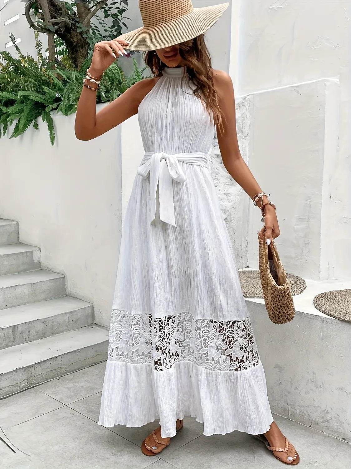 Halter Neck Lace Hem Maxi Dress - MARIGOLD