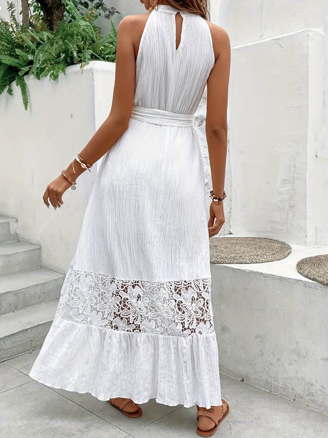 Halter Neck Lace Hem Maxi Dress - MARIGOLD