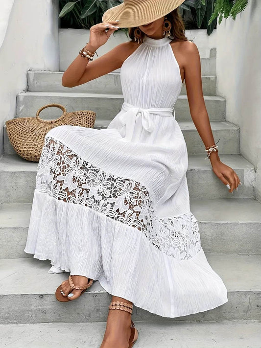 Halter Neck Lace Hem Maxi Dress - MARIGOLD