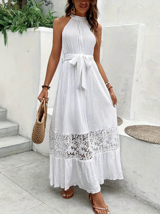 Halter Neck Lace Hem Maxi Dress - MARIGOLD