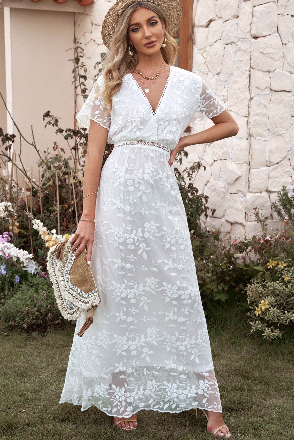 White floral embroidered short-sleeve surplice neck maxi dress - MARIGOLD