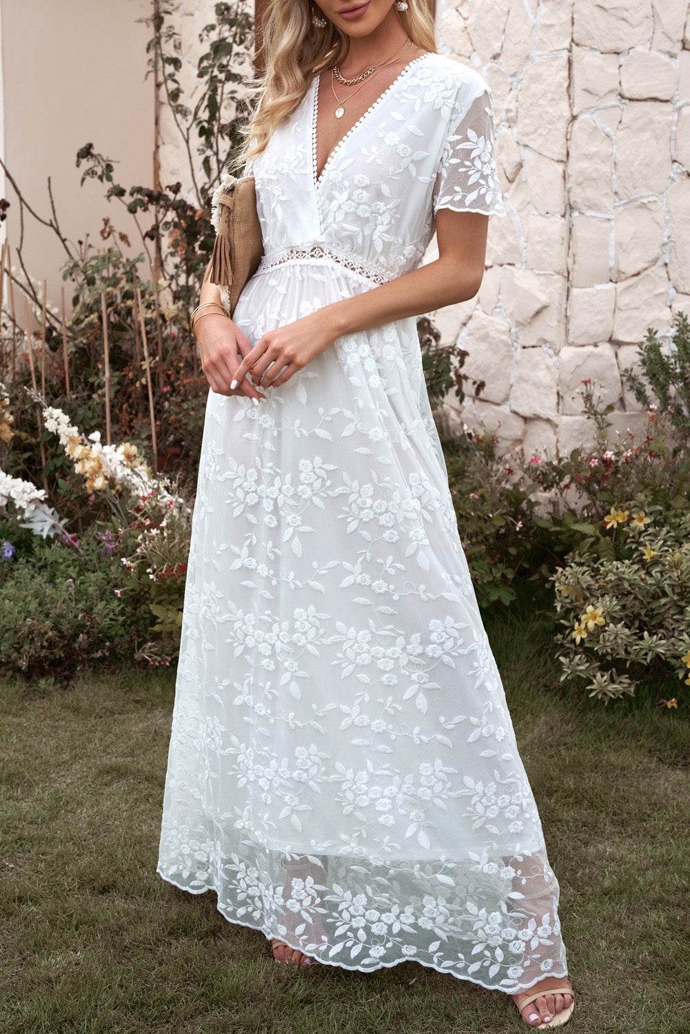 White floral embroidered short-sleeve surplice neck maxi dress - MARIGOLD
