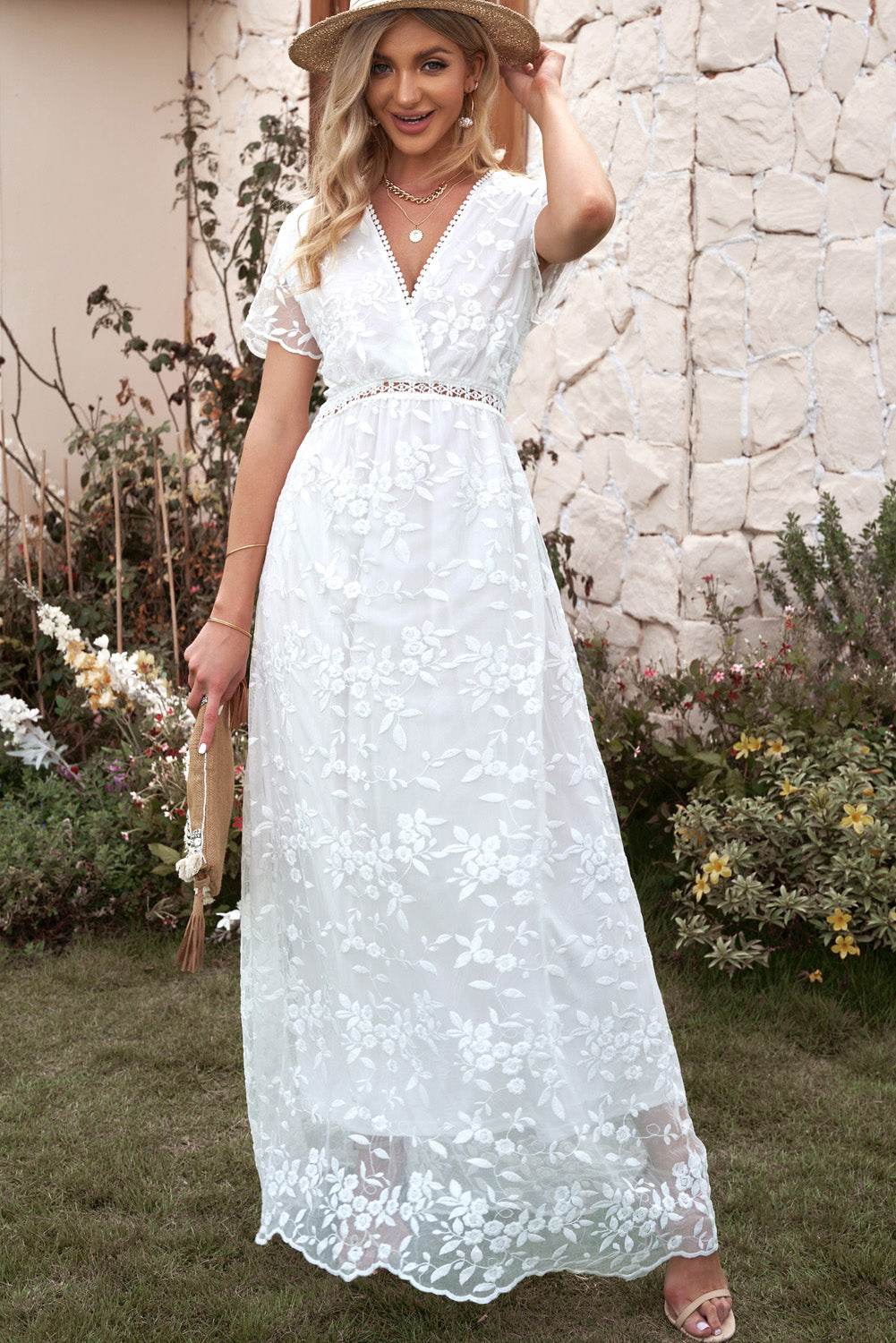 White floral embroidered short-sleeve surplice neck maxi dress - MARIGOLD