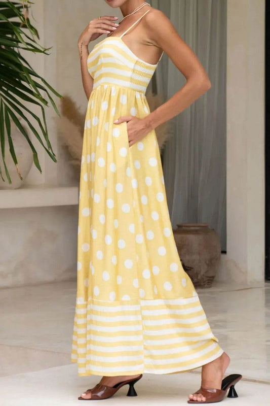 Polka Dot & Stripe Print Cami Maxi Dress - MARIGOLD