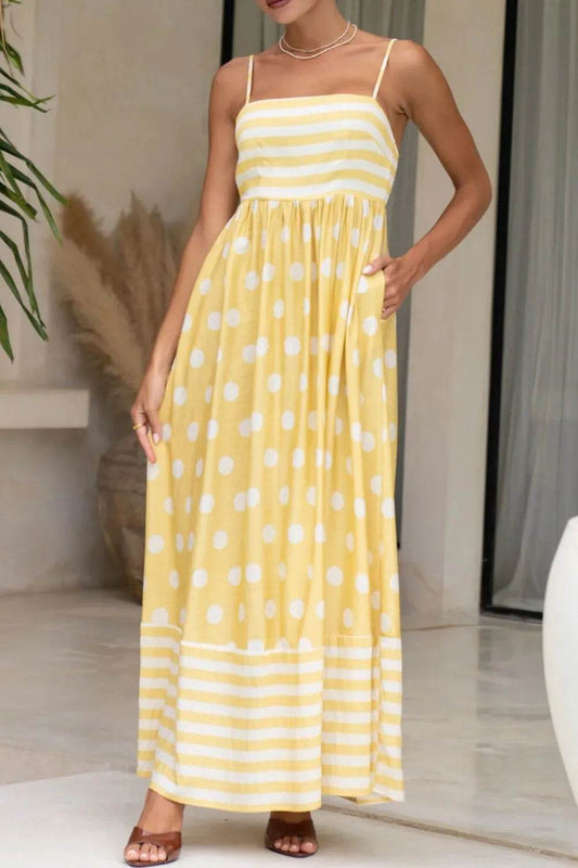 Polka Dot & Stripe Print Cami Maxi Dress - MARIGOLD