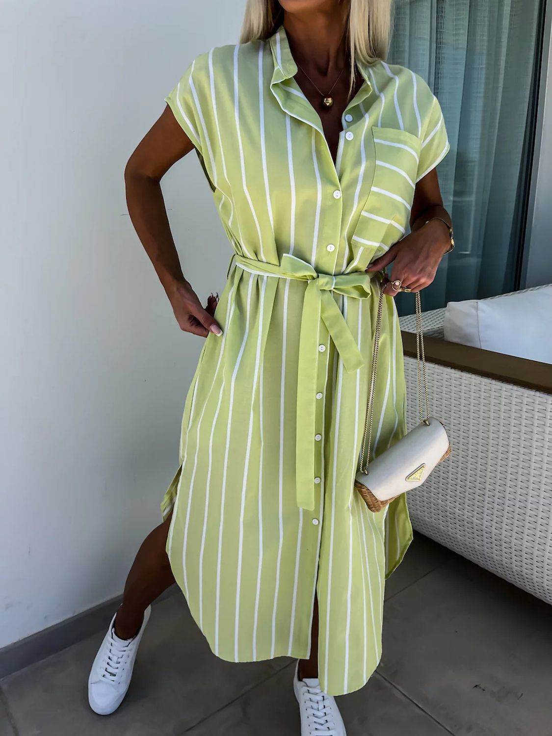 Striped Midi Shirt Dress with Tie Waist & Short Sleeves - MARIGOLD