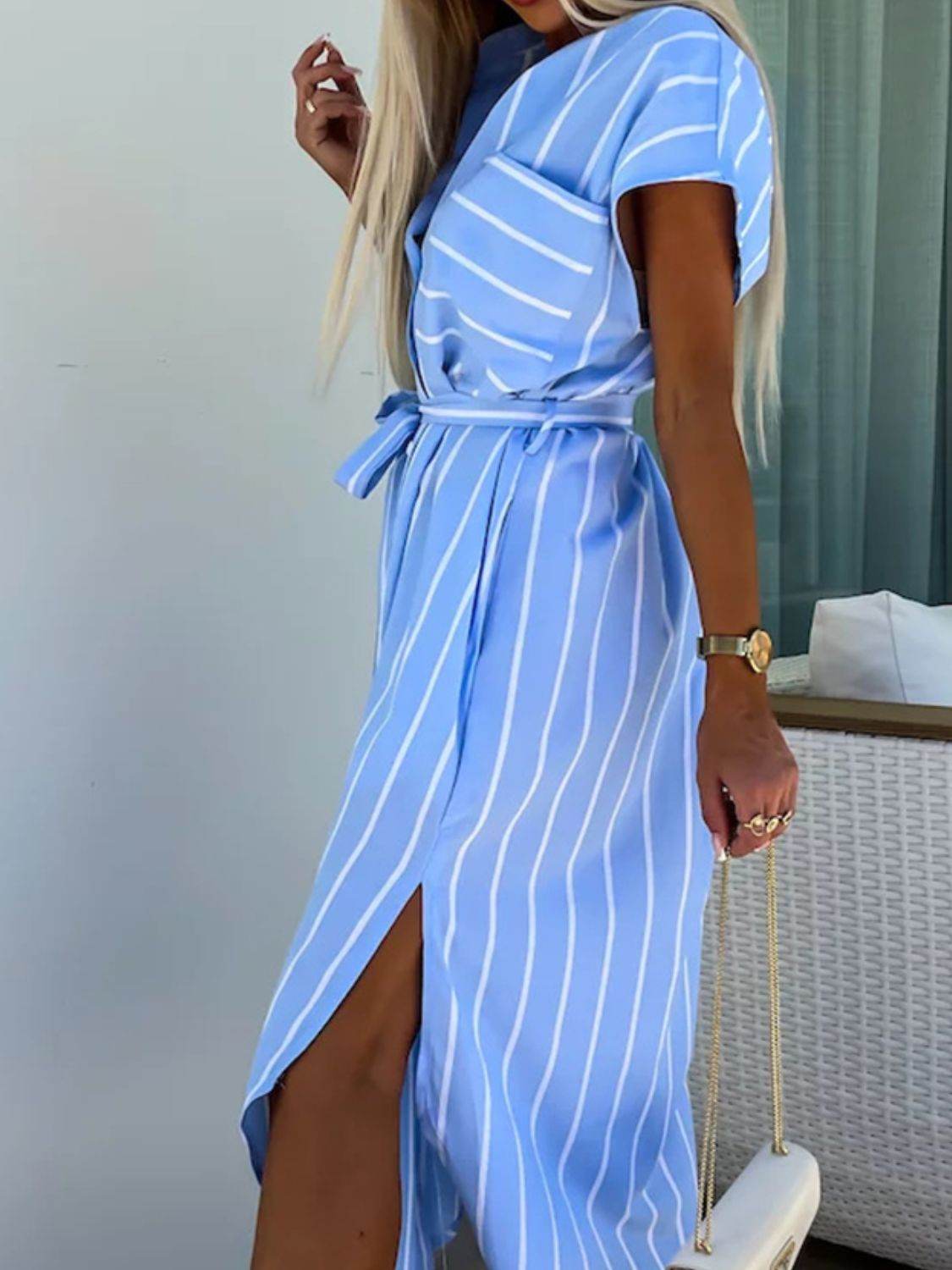 Striped Midi Shirt Dress with Tie Waist & Short Sleeves - MARIGOLD