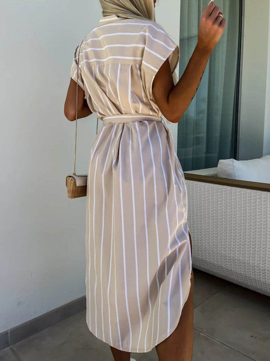 Striped Midi Shirt Dress with Tie Waist & Short Sleeves - MARIGOLD