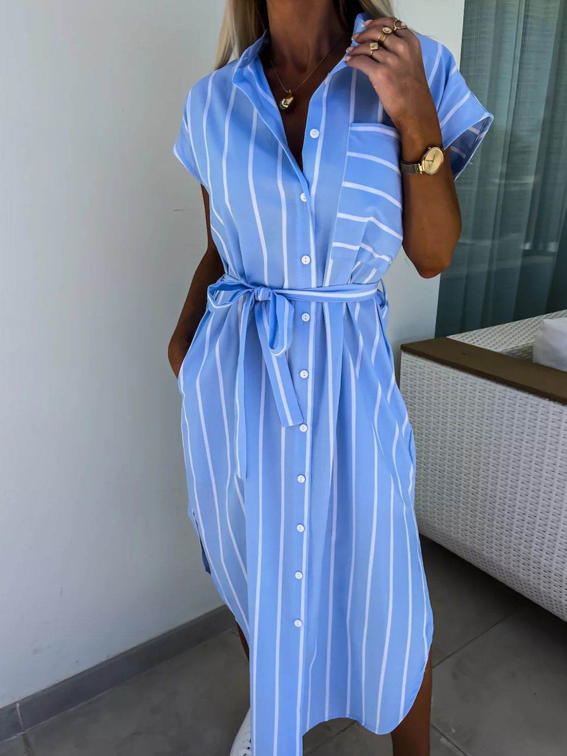 Striped Midi Shirt Dress with Tie Waist & Short Sleeves - MARIGOLD