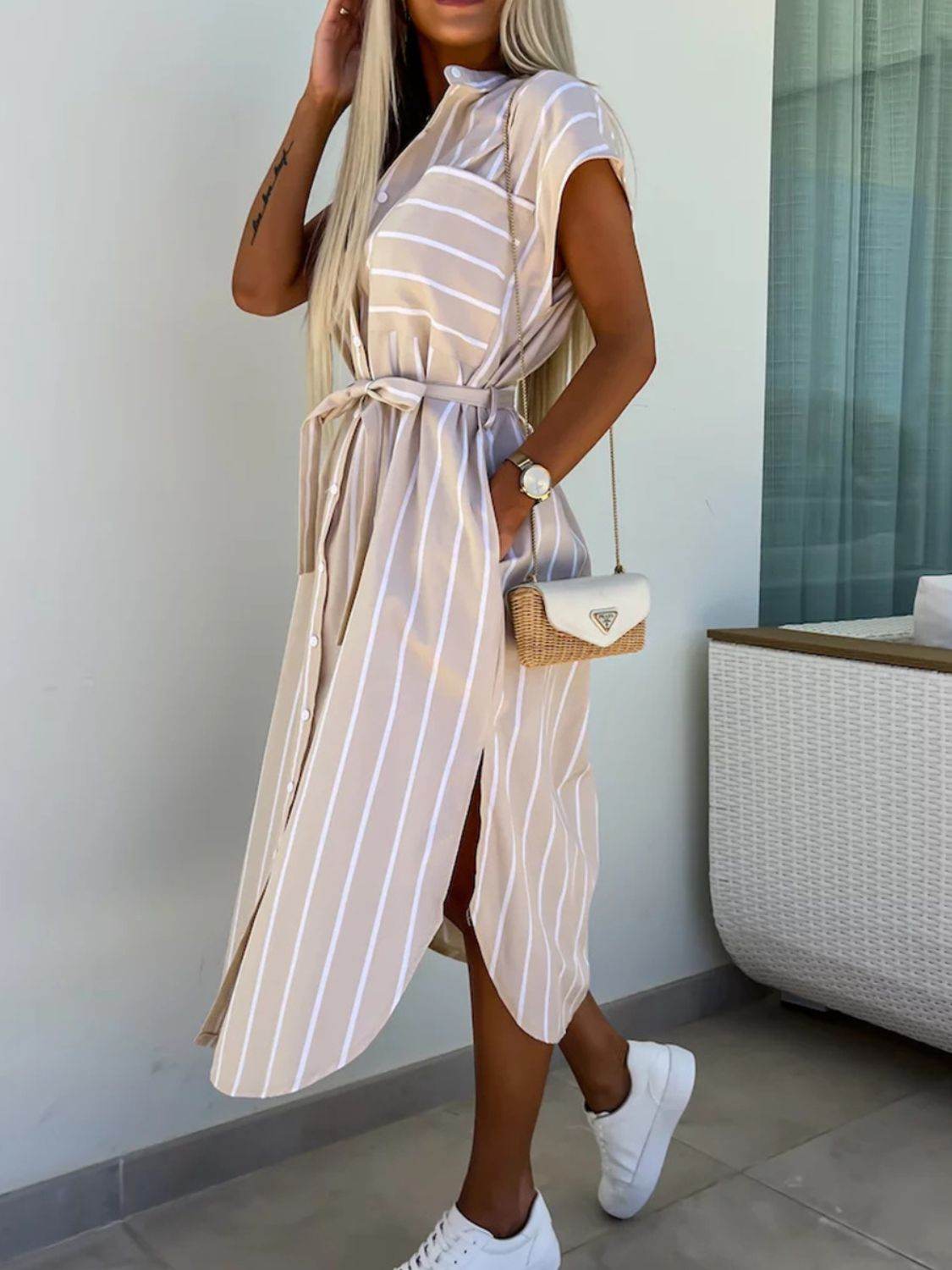 Striped Midi Shirt Dress with Tie Waist & Short Sleeves - MARIGOLD