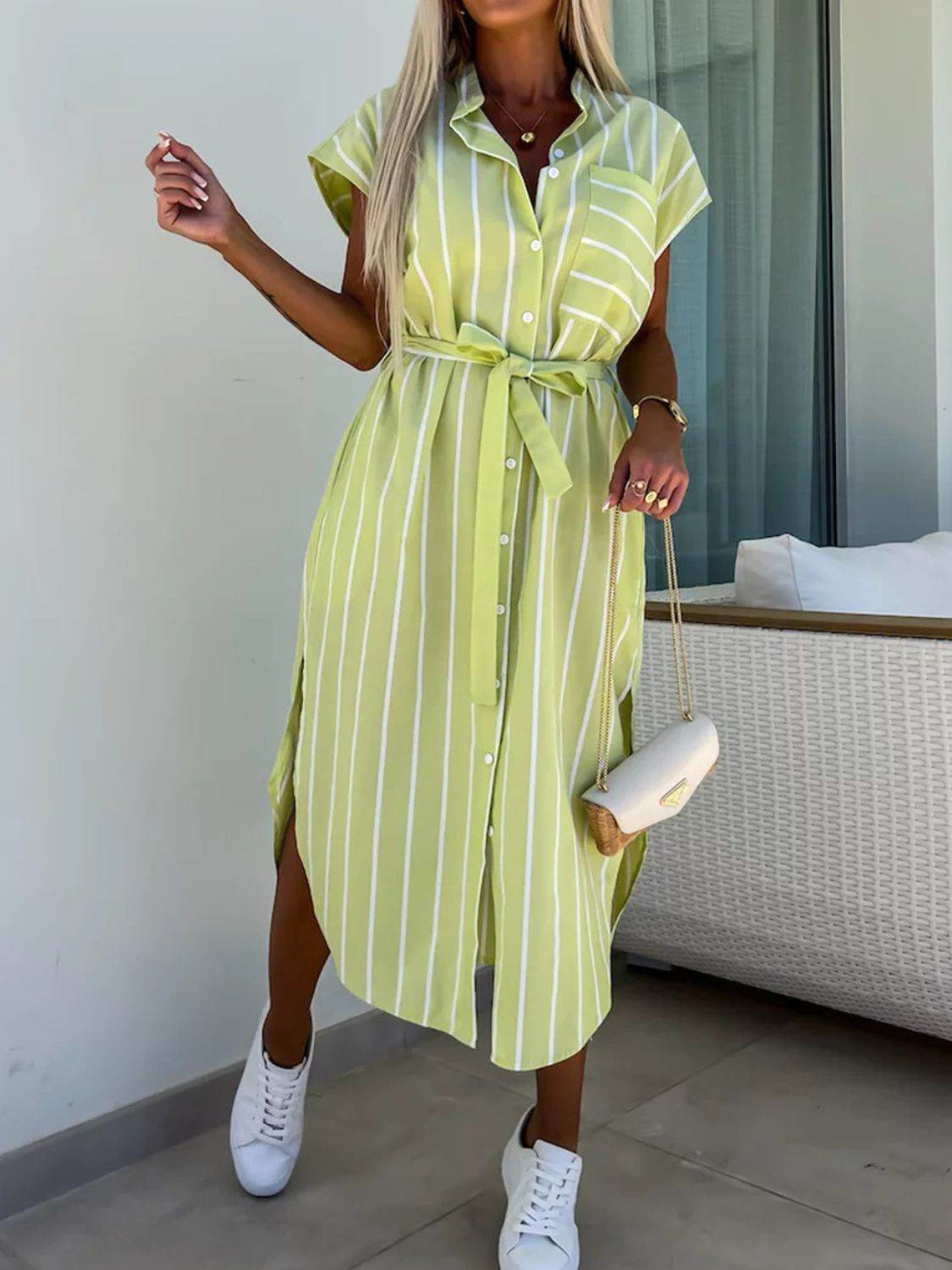 Striped Midi Shirt Dress with Tie Waist & Short Sleeves - MARIGOLD
