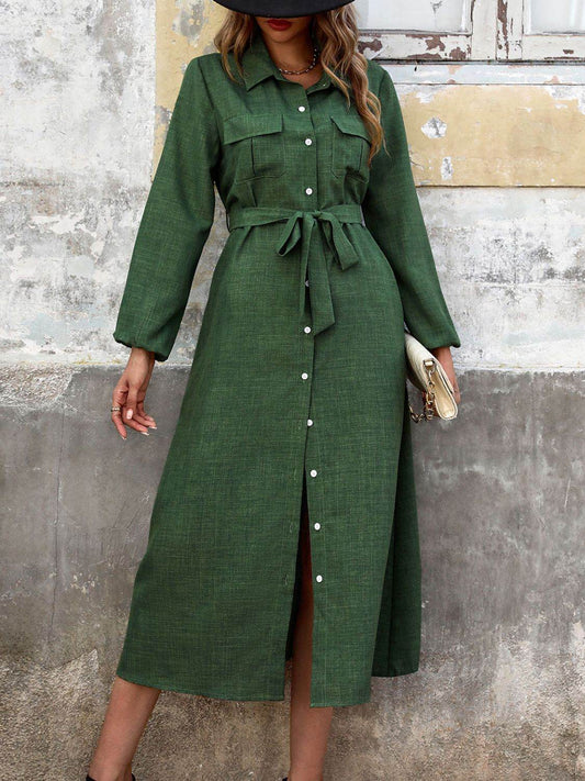 Collared Neck Long Sleeve Midi Shirt Dress - MARIGOLD