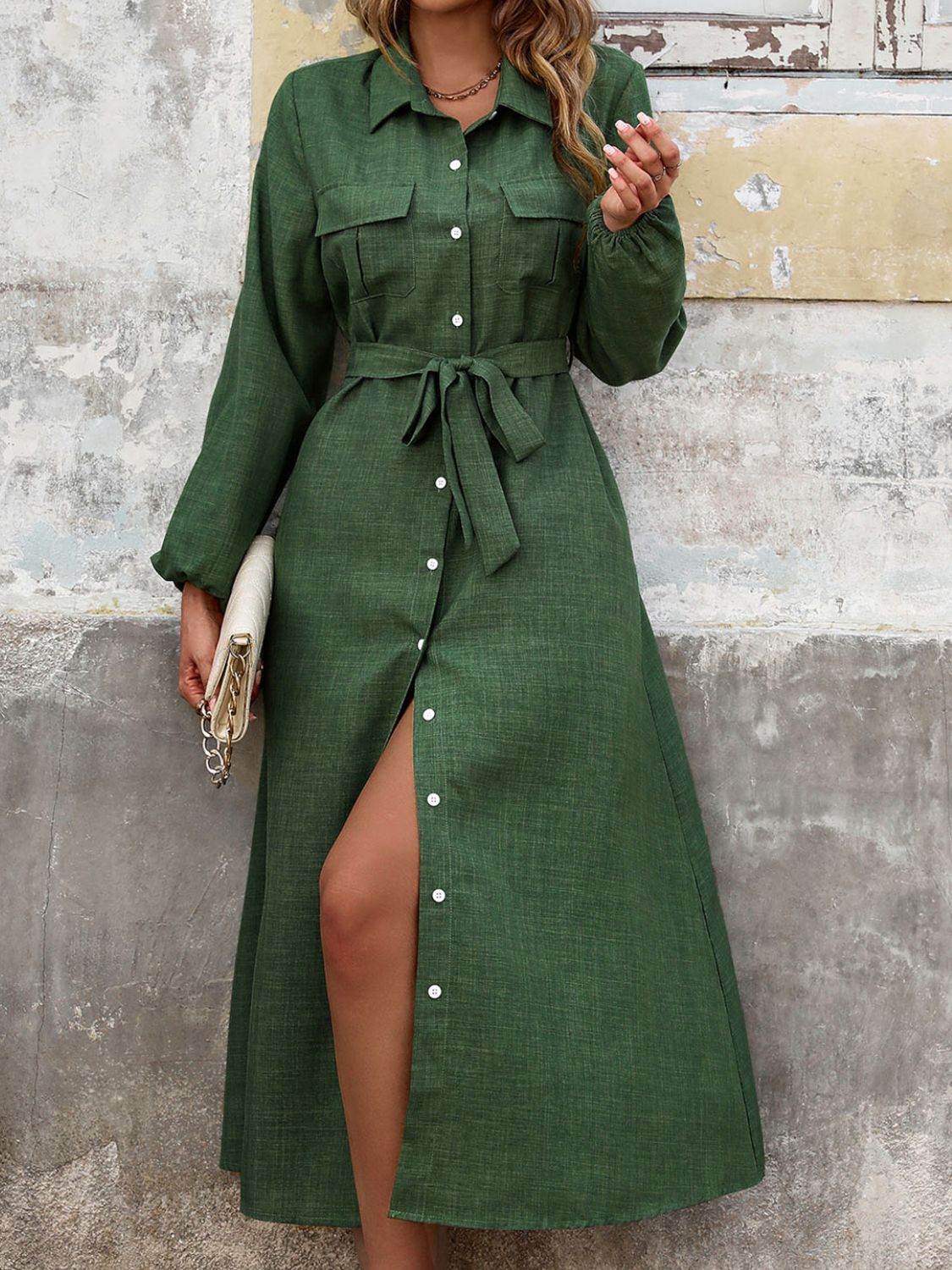 Collared Neck Long Sleeve Midi Shirt Dress - MARIGOLD