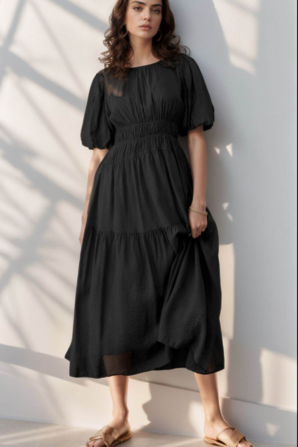 Puff Sleeve Pleated High Waist Flowy Midi Dress - MARIGOLD