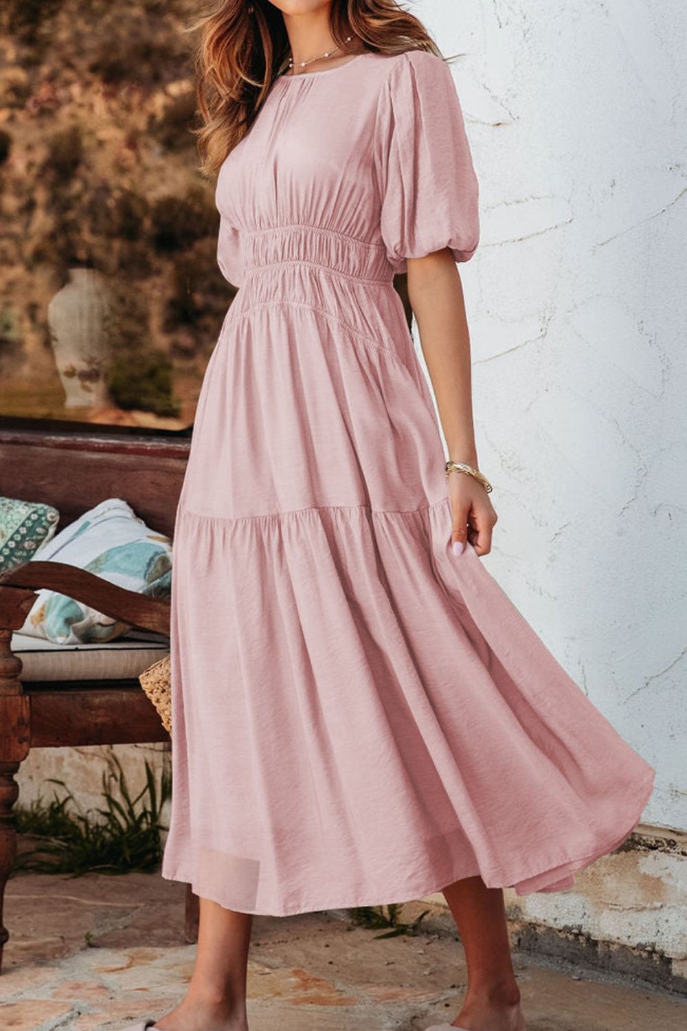 Puff Sleeve Pleated High Waist Flowy Midi Dress - MARIGOLD