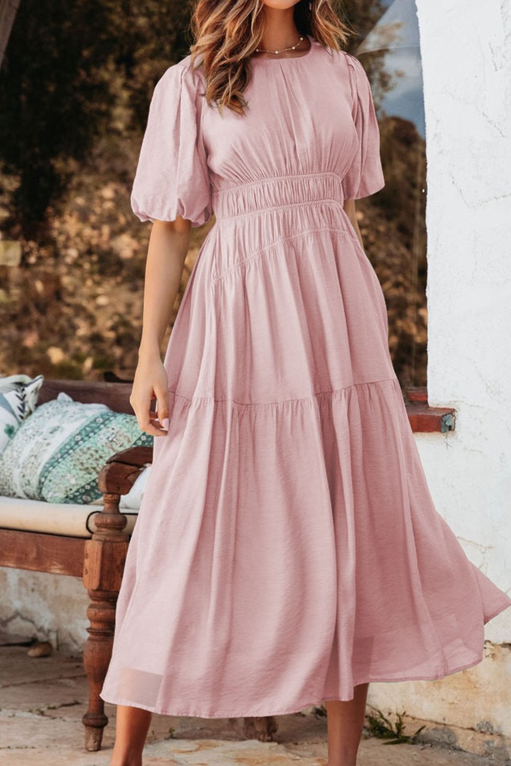 Puff Sleeve Pleated High Waist Flowy Midi Dress - MARIGOLD