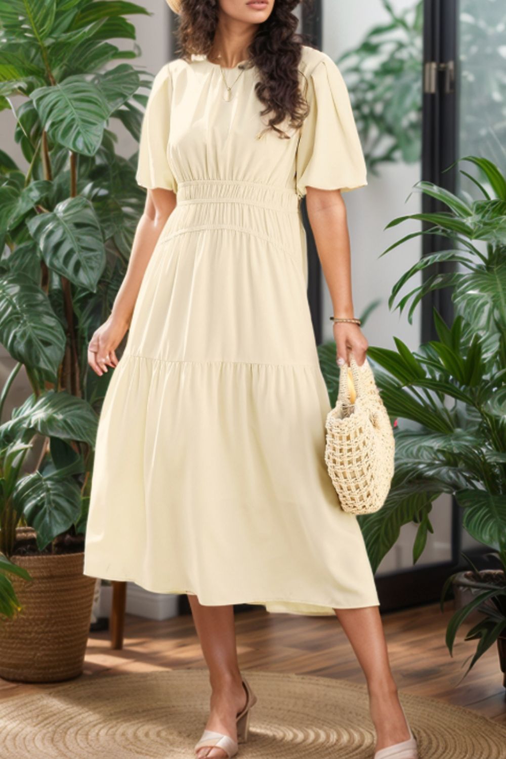 Puff Sleeve Pleated High Waist Flowy Midi Dress - MARIGOLD